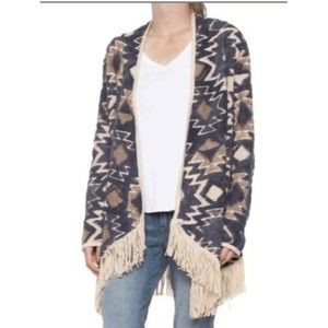 Lucky Brand Fringe Cardigan Sweater Aztec Southwestern Boho Blue cream small